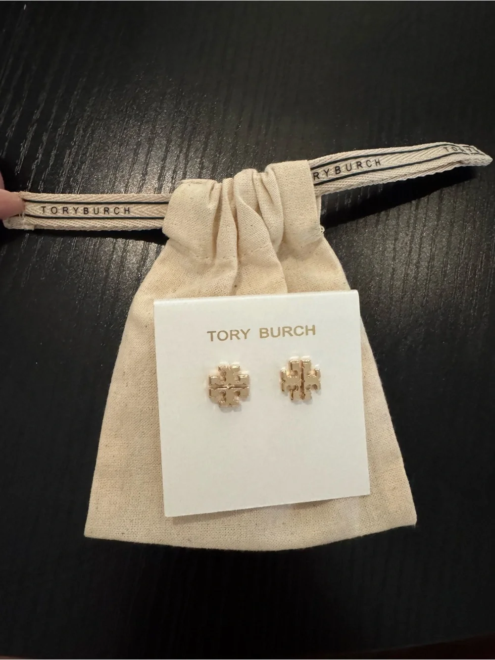 Tory Burch Gold Small Icon -T Logo Stud Earrings with Cream Drawstring Pouch